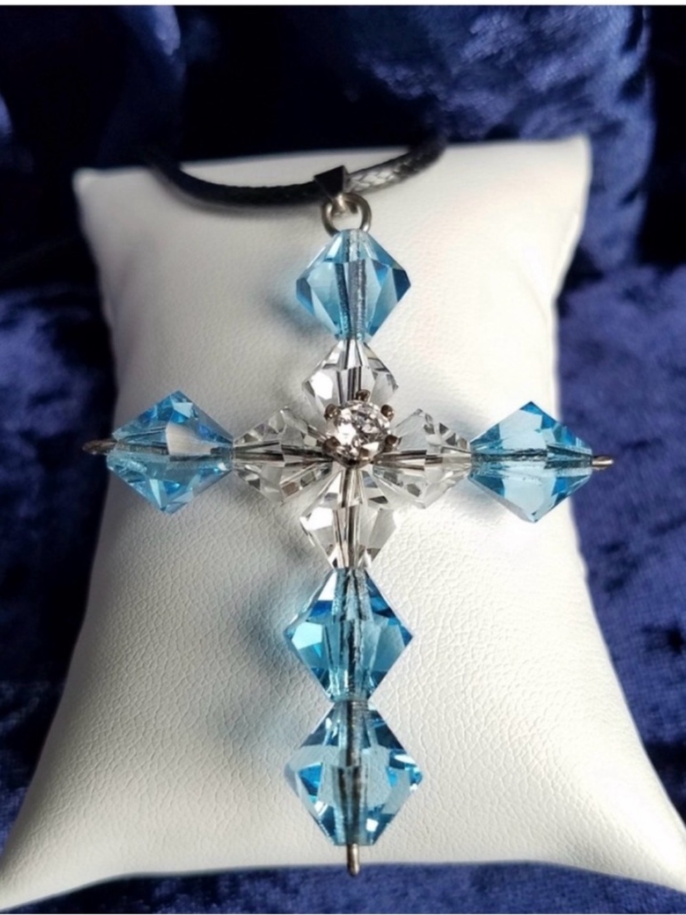 Swarovski Elements Large Aquamarine Cross Pendant Necklace on Black Cotton Cord